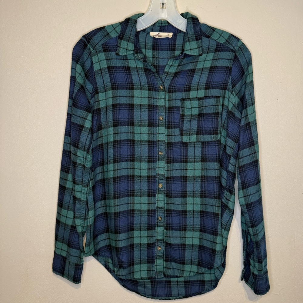 Hollister Womens XS Green & Blue Plaid Flannel Button Up Shirt Long Sleeve
